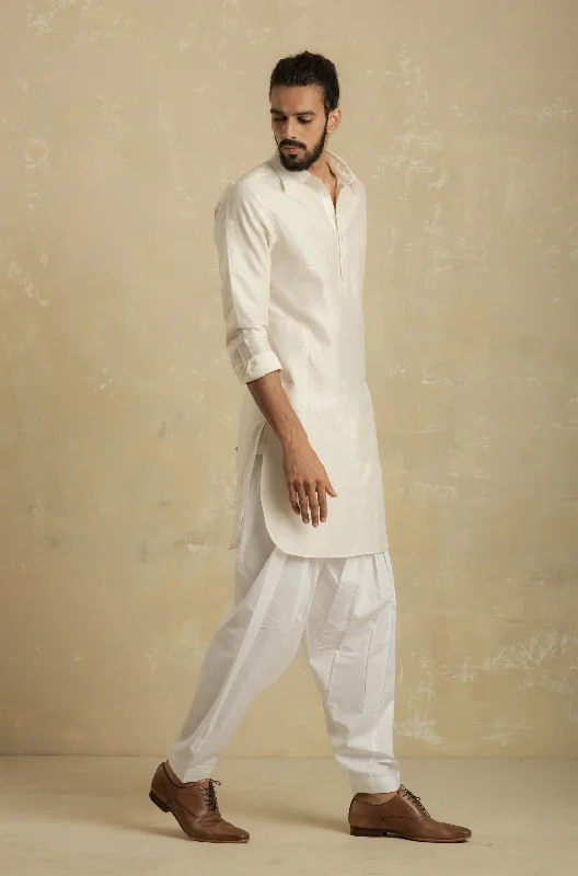 Men's White Pathani Kurta With Salwar - Set of 2