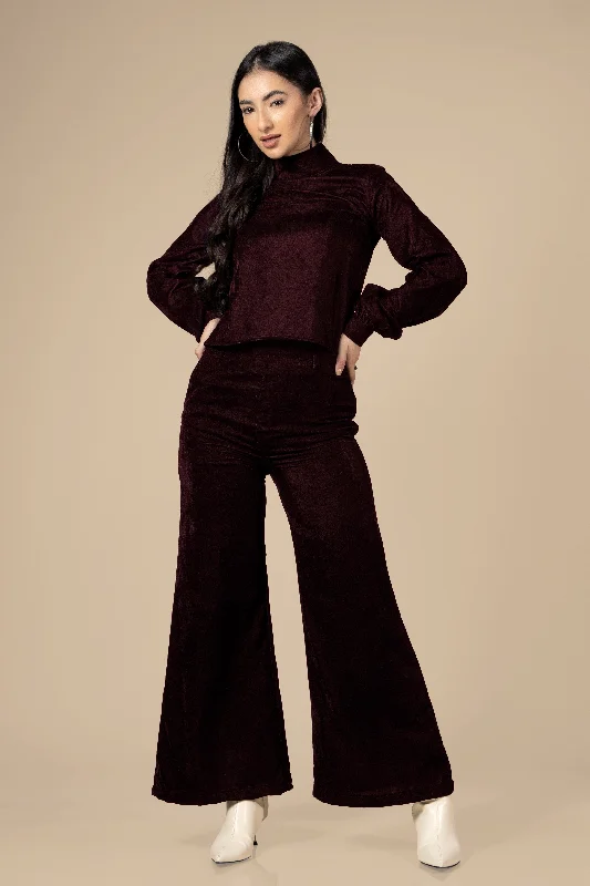 Maroon High Neck Velvet Co-Ord Set For Women