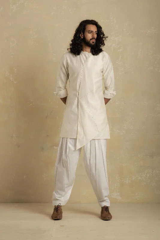 Men's White Short Kurta With Salwar - Set of 2