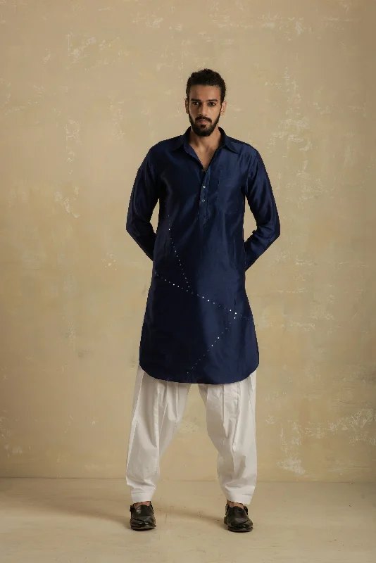 Men's Ink Blue Pathani Kurta With Salwar - Set of 2