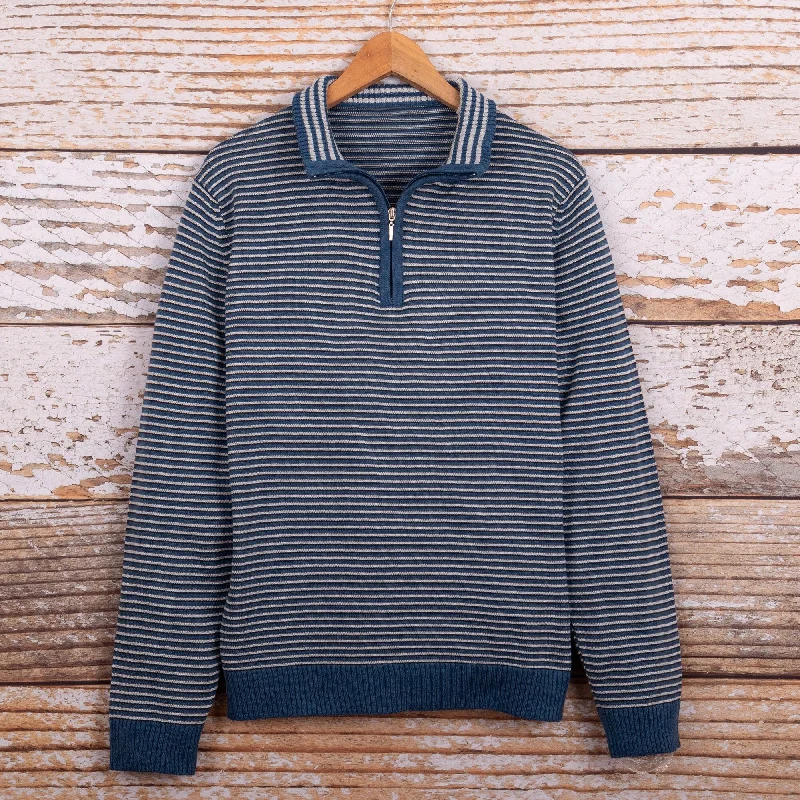 Novica Handmade Blue Paths Mens Collared Pullover