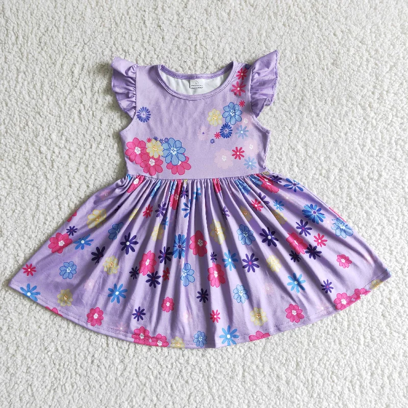 Clearance GSD0003 Purple Floral Princess Cartoon Girls Flutter Sleeve Dresses