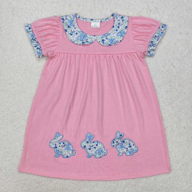 GSD1615 Easter bunny embroidery Hot Pink Blue Flower short sleeve Dresses Girls boutique outfit 202501