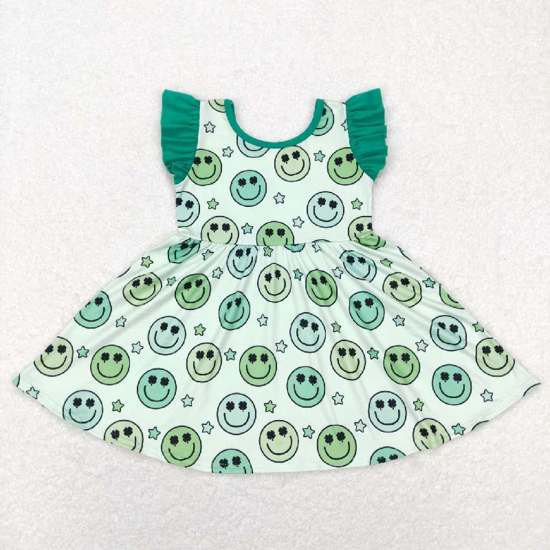 GSD0643  St. Patrick Clover Green Smile Girls Short Sleeve Dresses