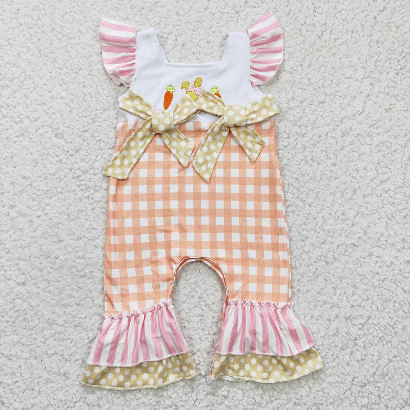 SR0129 Easter Orange Pink Rabbit Carrot Plaid Bow Embroidery  Girls Short Sleeve Romper