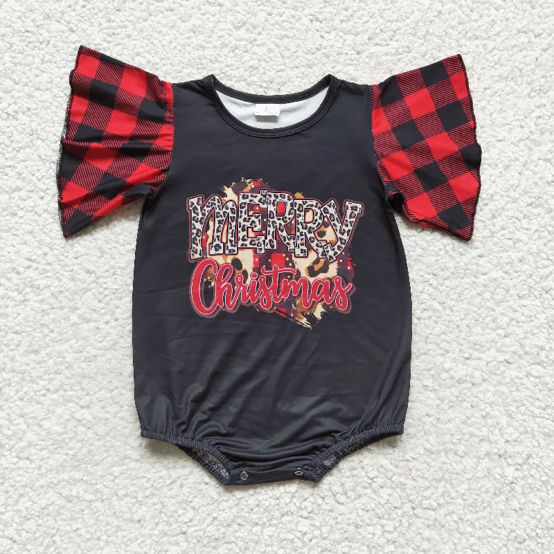 SR0103 Merry Christmas Red Black Leopard Girls Short Sleeve Romper