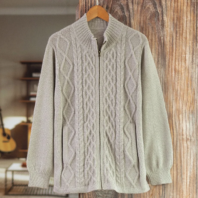 Novica Handmade Cozy Pearl Grey Mens Zipper Cardigan