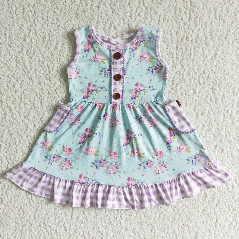 GSD0051 Blue Purple Floral Plaid Pockets Girls Sleeveless Dresses