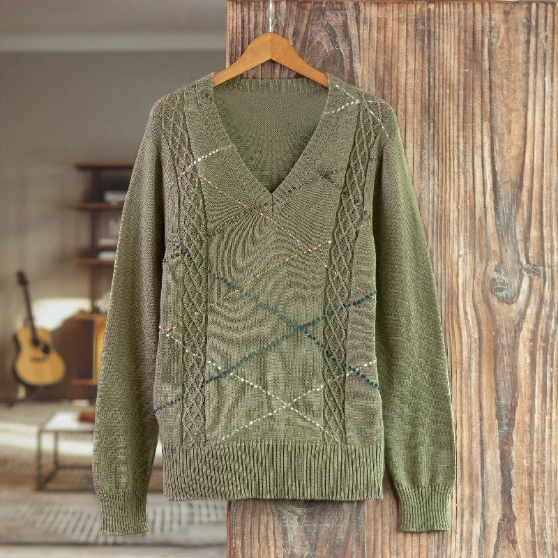 Novica Handmade Comfort In Sage Mens Cotton Blend Sweater