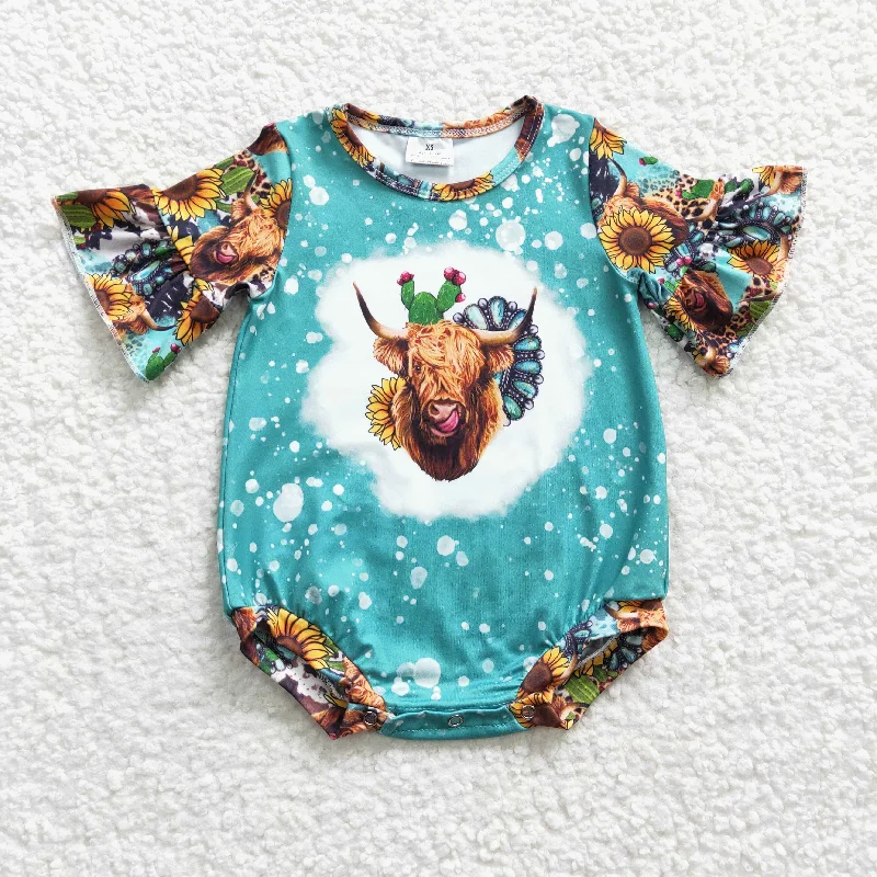 SR0126 Green Yellow Sunflower Leopard Highland Cow Western  Girls Short Sleeve Romper