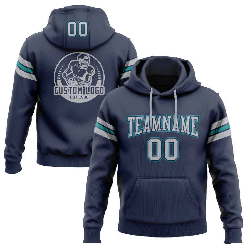 Custom Stitched Navy Gray-Teal Football Pullover Sweatshirt Hoodie