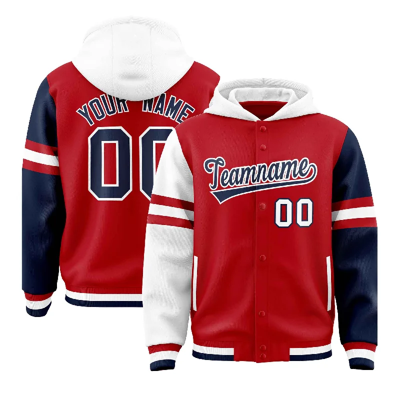 Custom Red White-Navy Raglan Sleeves Varsity Full-Snap Letterman Three Stripes Hoodie Jacket