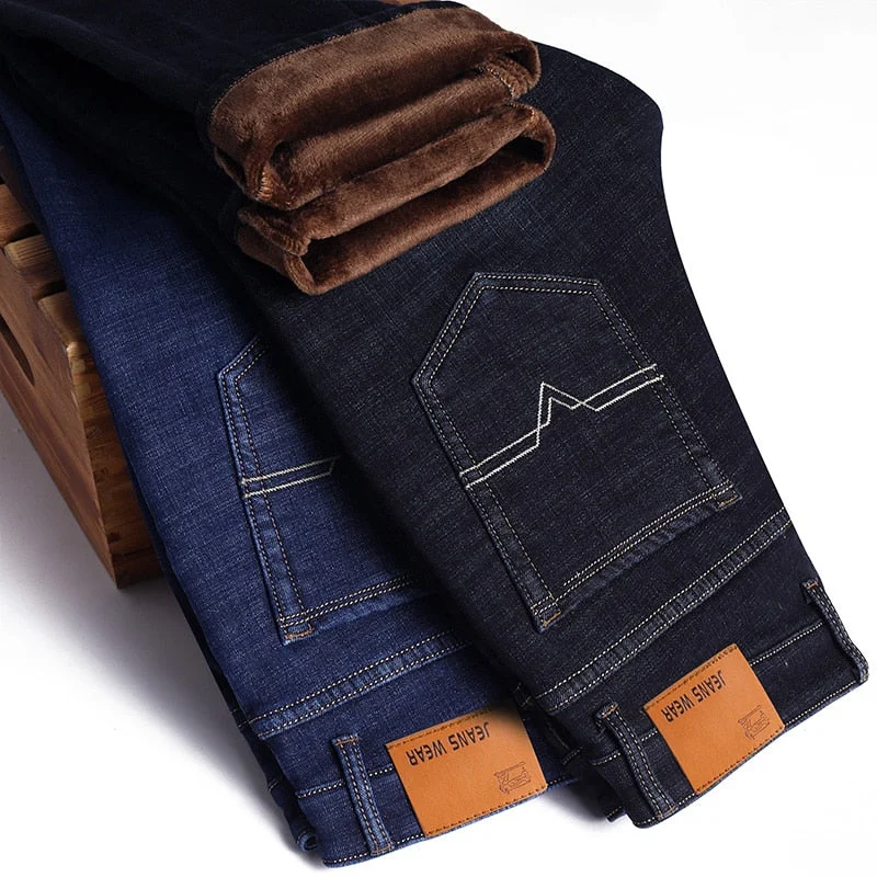 Winter Thermal Warm Flannel Stretch Jeans Mens Winter Quality Fleece Pants Men Straight Flocking Trousers Jean