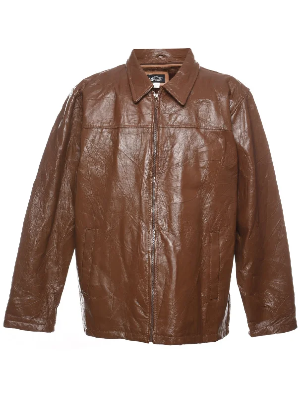 Brown Classic Zip-Front Leather Jacket - L