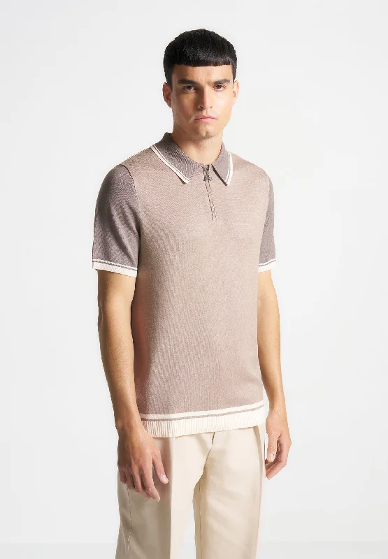 Colour Block Zip Polo Shirt - Taupe